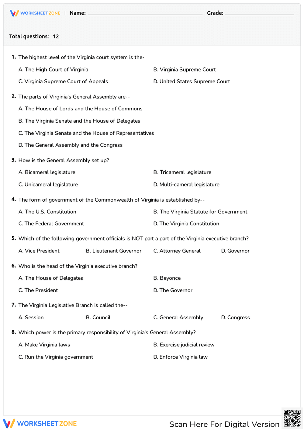 Virginia State Government Quiz - Page 1