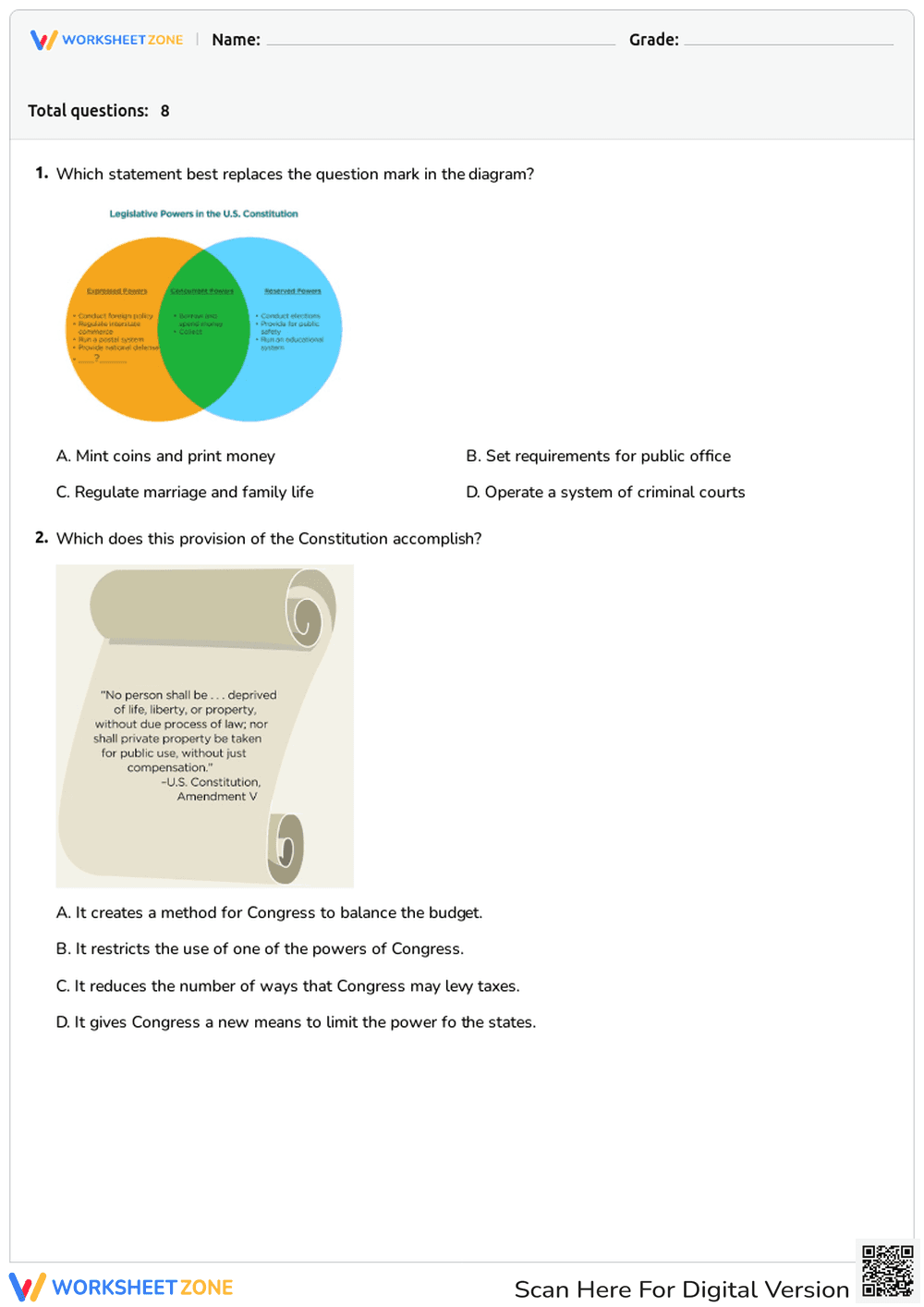 Printable US Constitution Worksheet | Grades 6-8 - Page 1