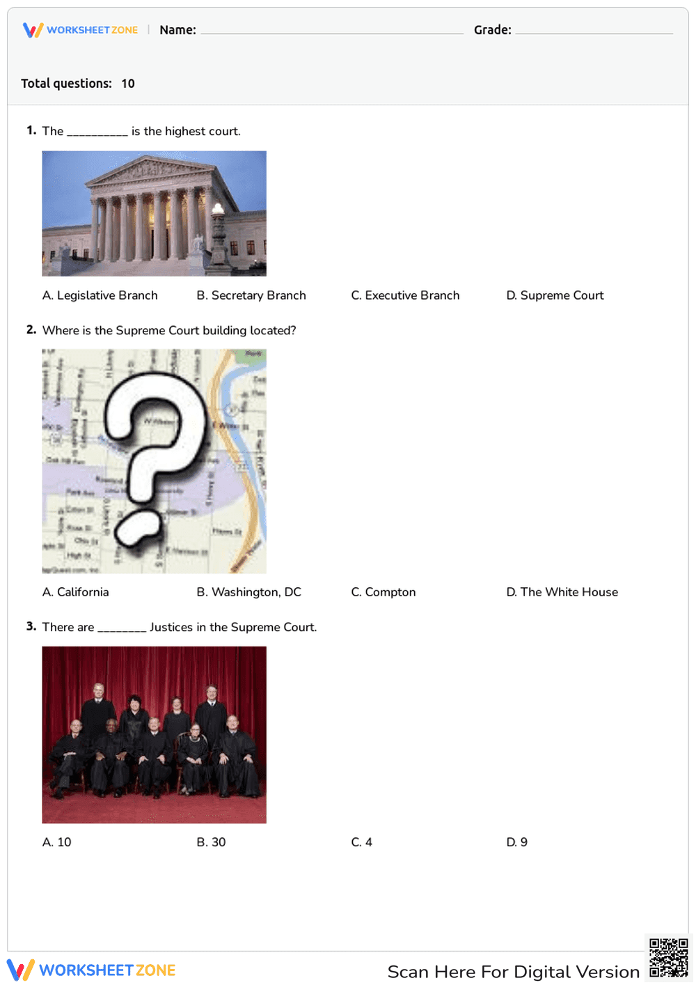 Supreme Court & Judicial Branch Printable | Grade 4 Civics - Page 1