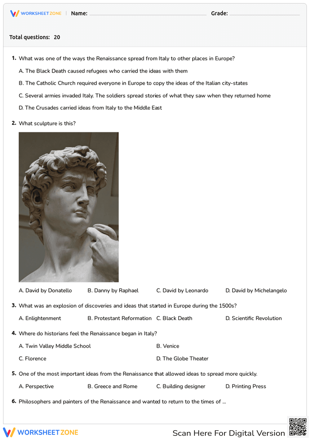 Renaissance Art History | Grade 6-8 Printable Quiz - Page 1