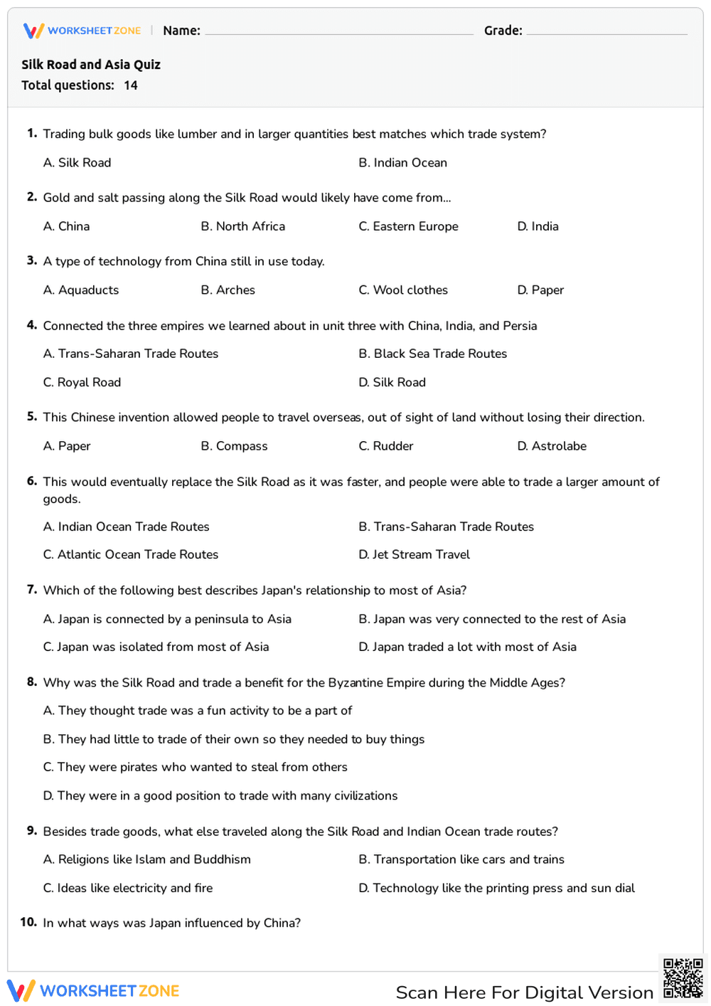 Grade 7-9 Silk Road Quiz — Printable No-Prep Worksheet - Page 1
