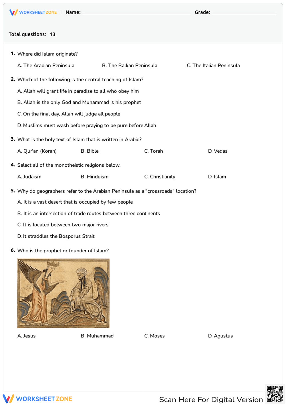 Islamic Beliefs Quiz | Essential Grade 6-8 Social Studies - Page 1