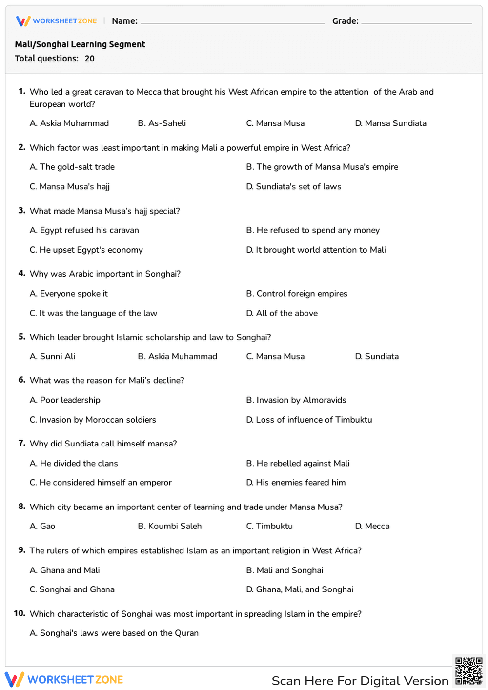 Mali and Songhai Empires Quiz | Grade 6-8 Essential - Page 1