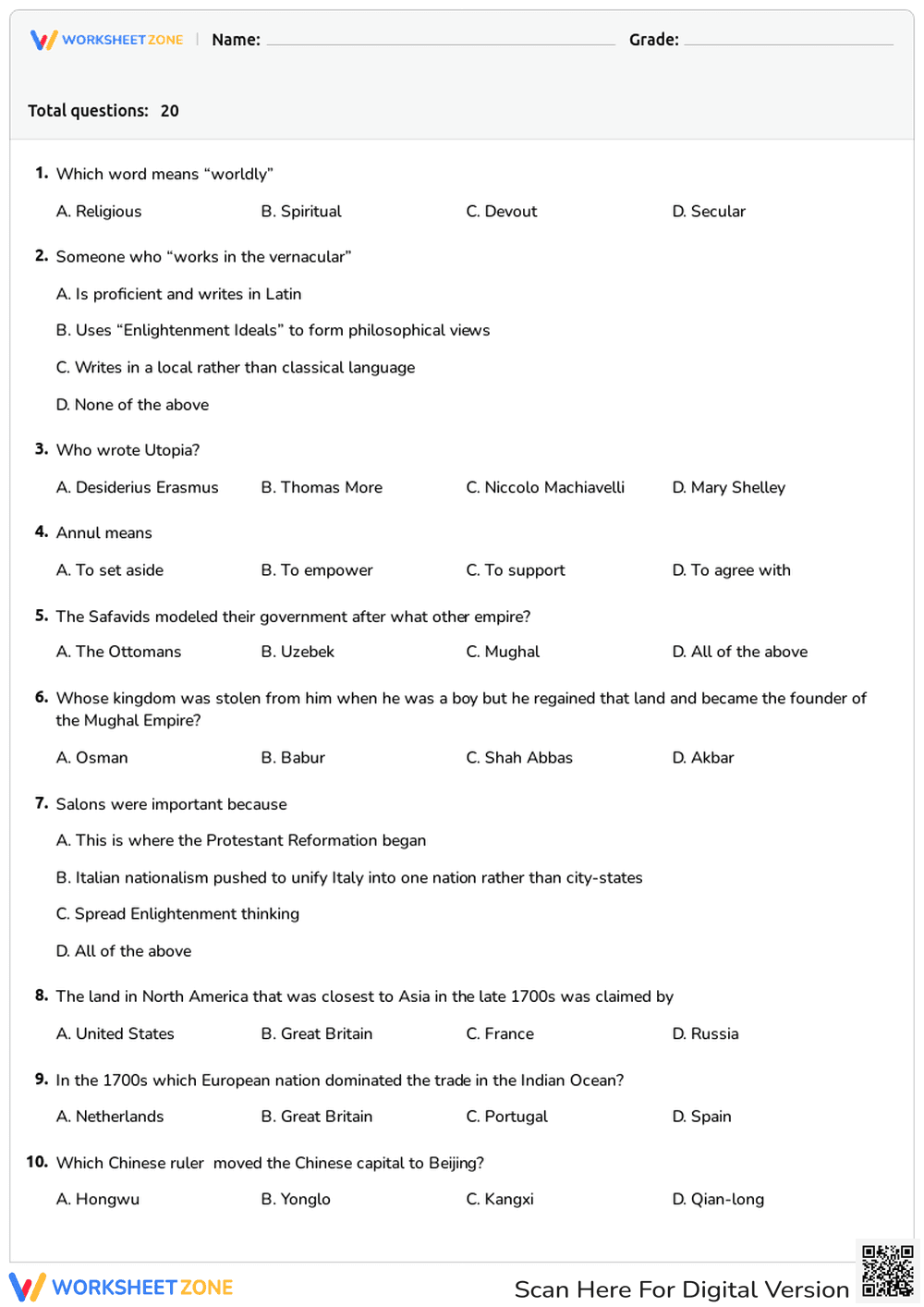 Grade 9 World History Quiz — Printable No-Prep Worksheet - Page 1