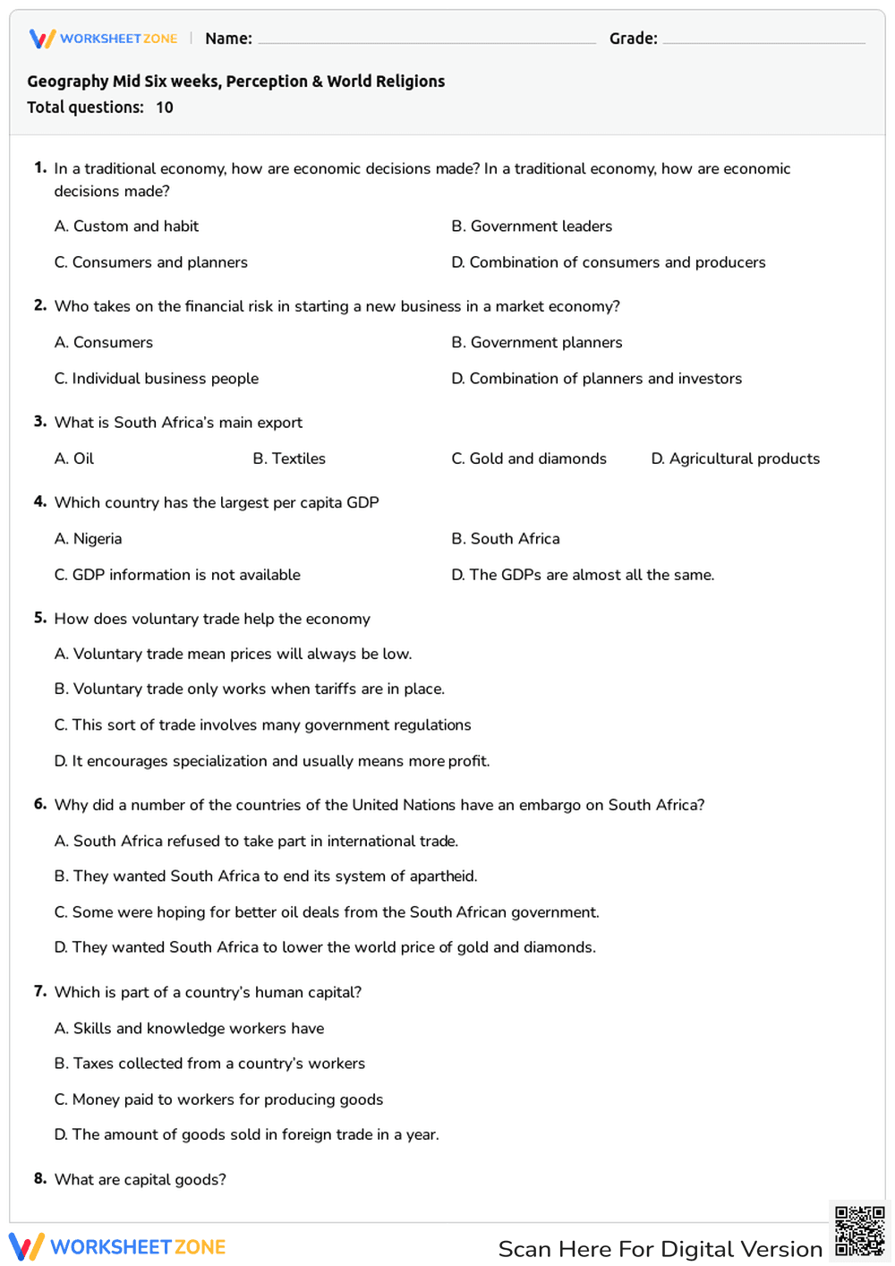 Printable Economics & Geography Quiz | Grade 6 - Page 1