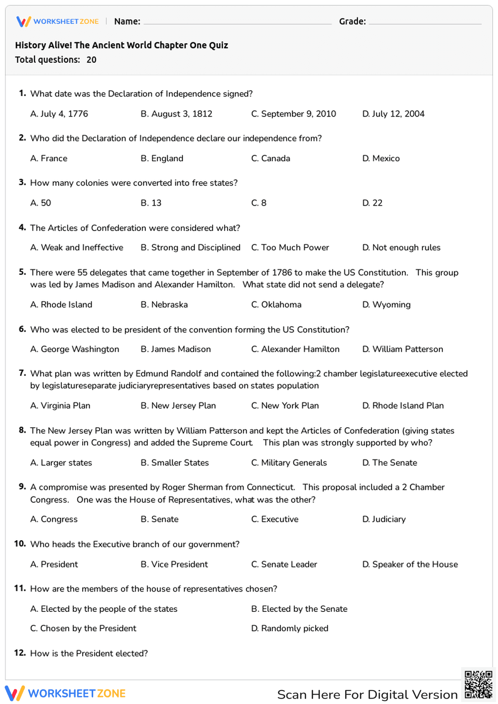US Constitution & Founding Quiz | Grade 5-7 Essential - Page 1