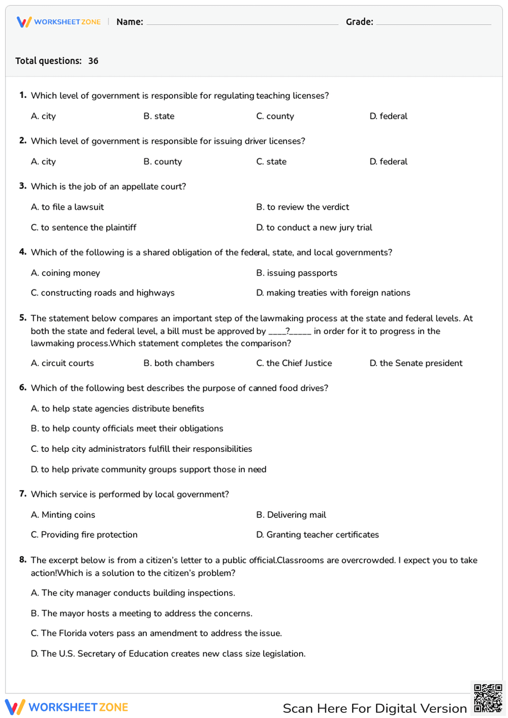 Printable Civics & Government Quiz | Grades 5-8 - Page 1