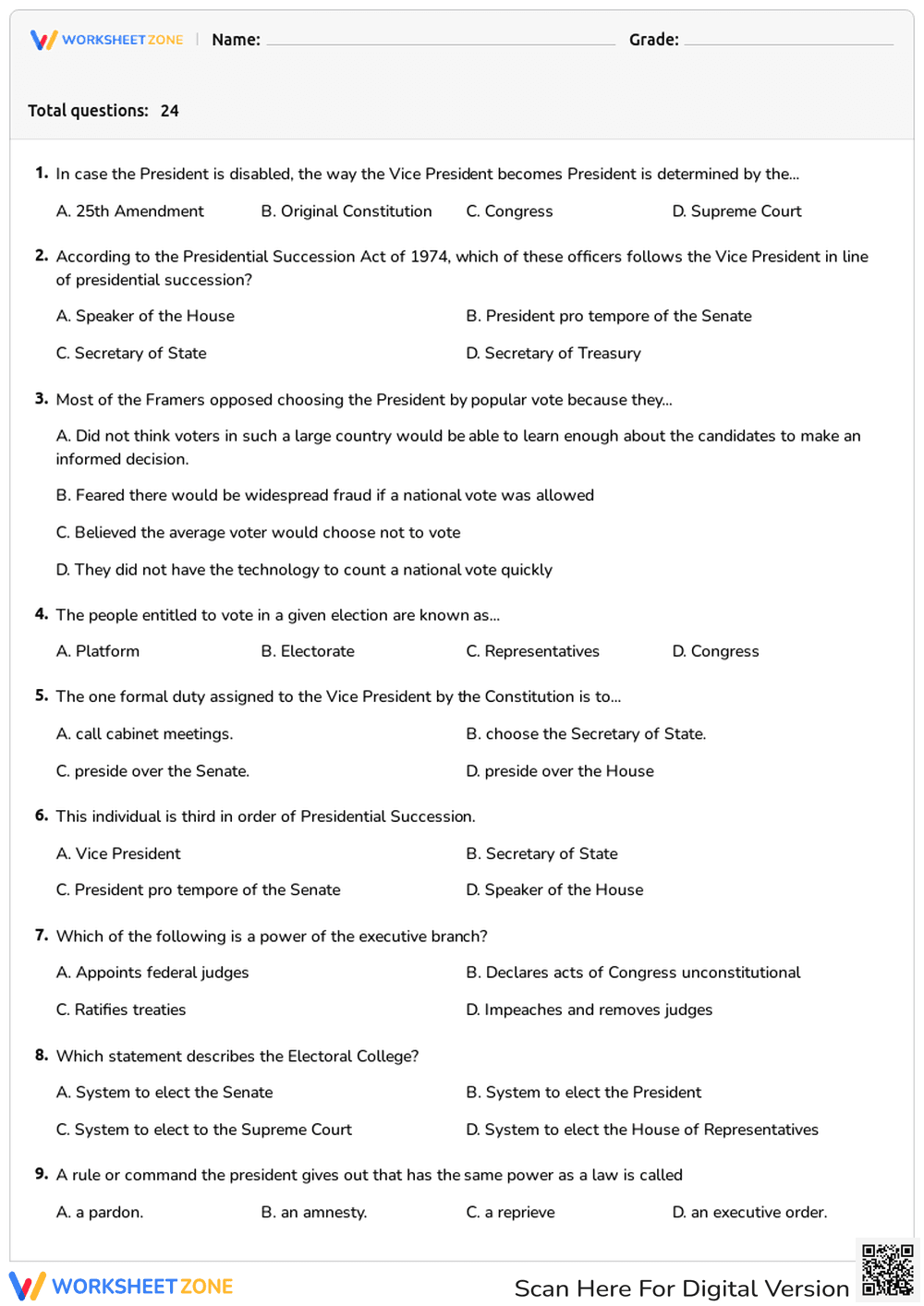 Executive Branch Worksheet | Grade 6-8 Essential Civics - Page 1