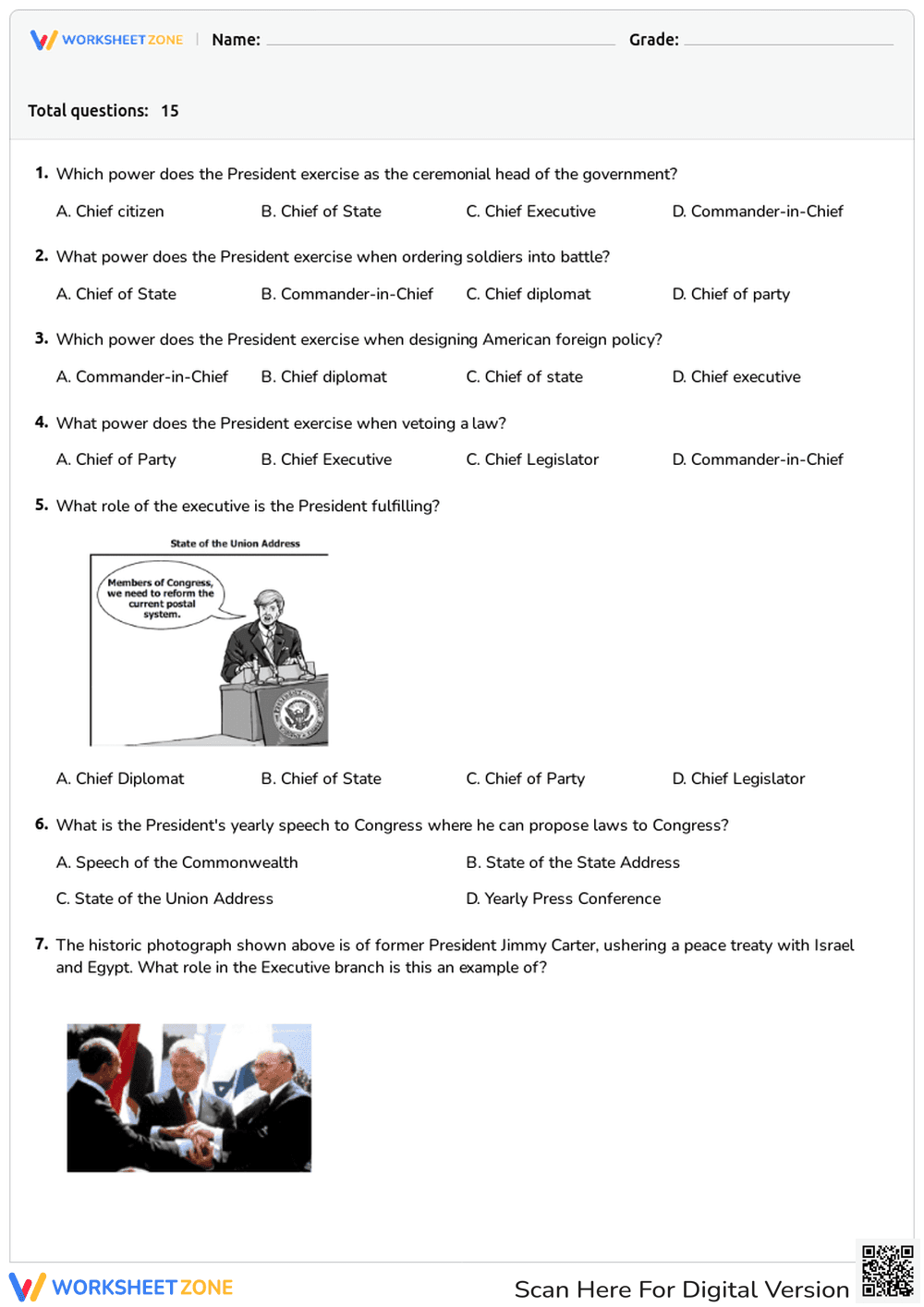 Printable Roles of the President Quiz | Grade 7-8 Civics - Page 1