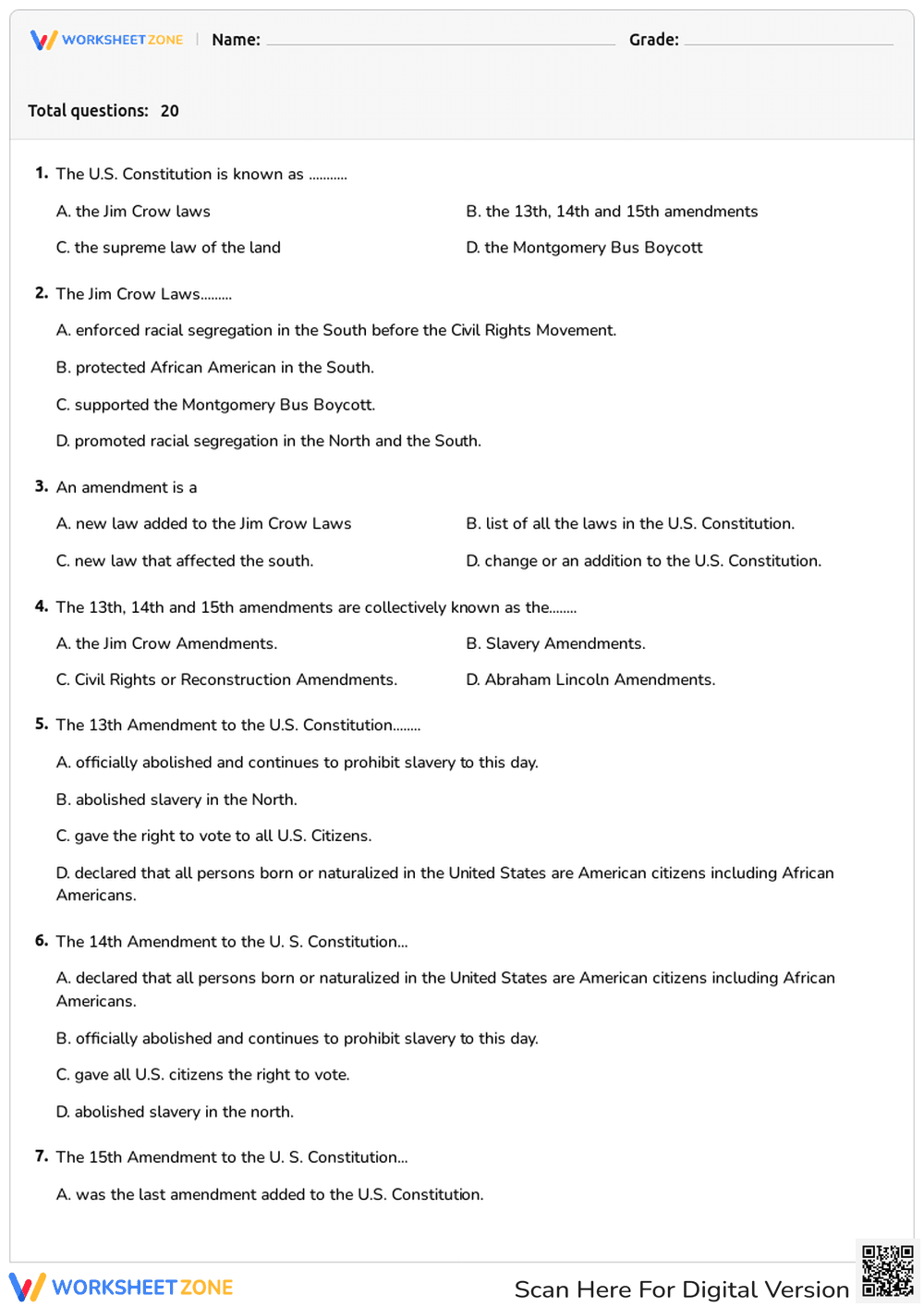 Grade 5 Civil Rights History — Printable No-Prep Worksheet - Page 1