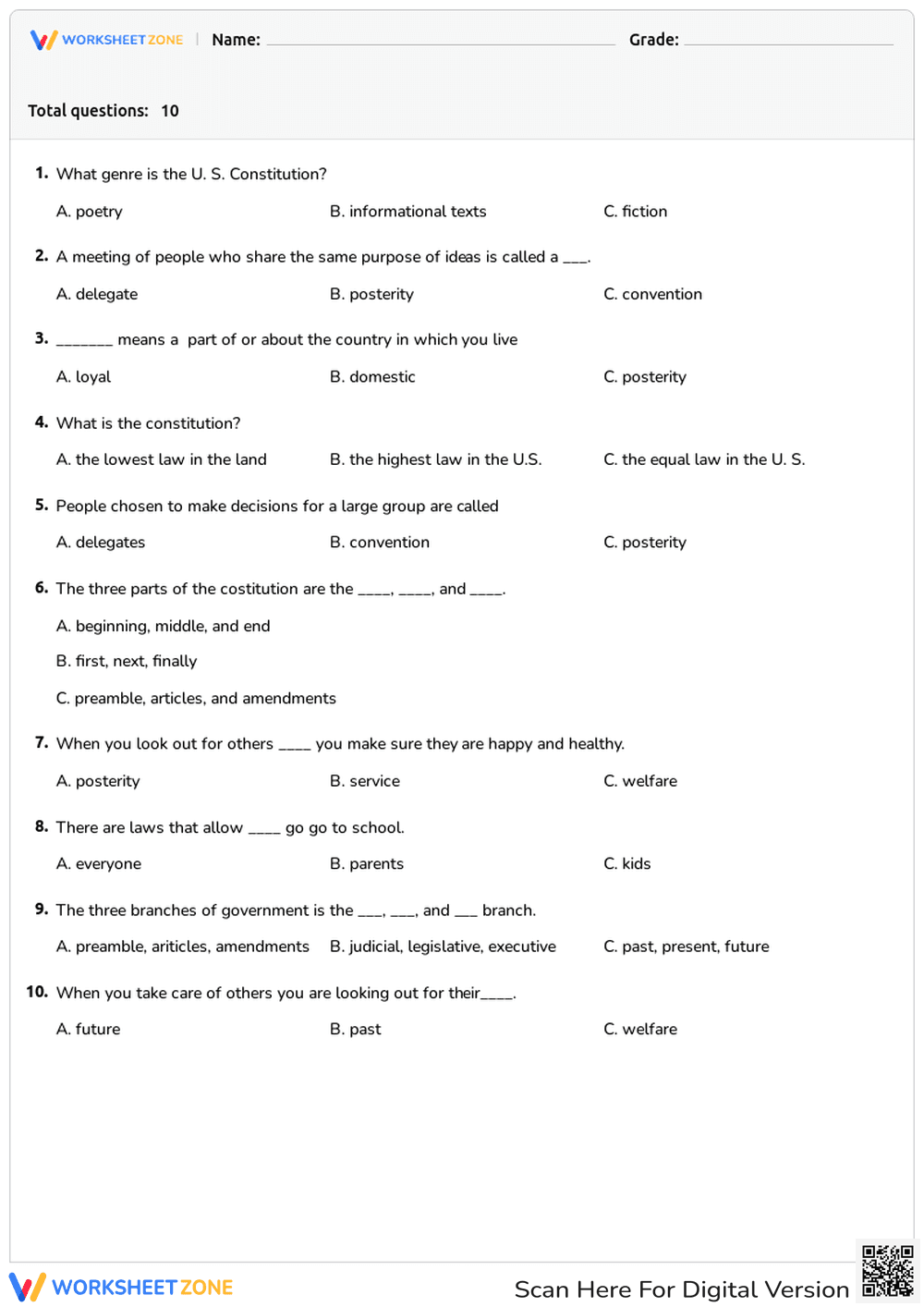 Printable US Constitution Quiz | Grade 3 Civics - Page 1