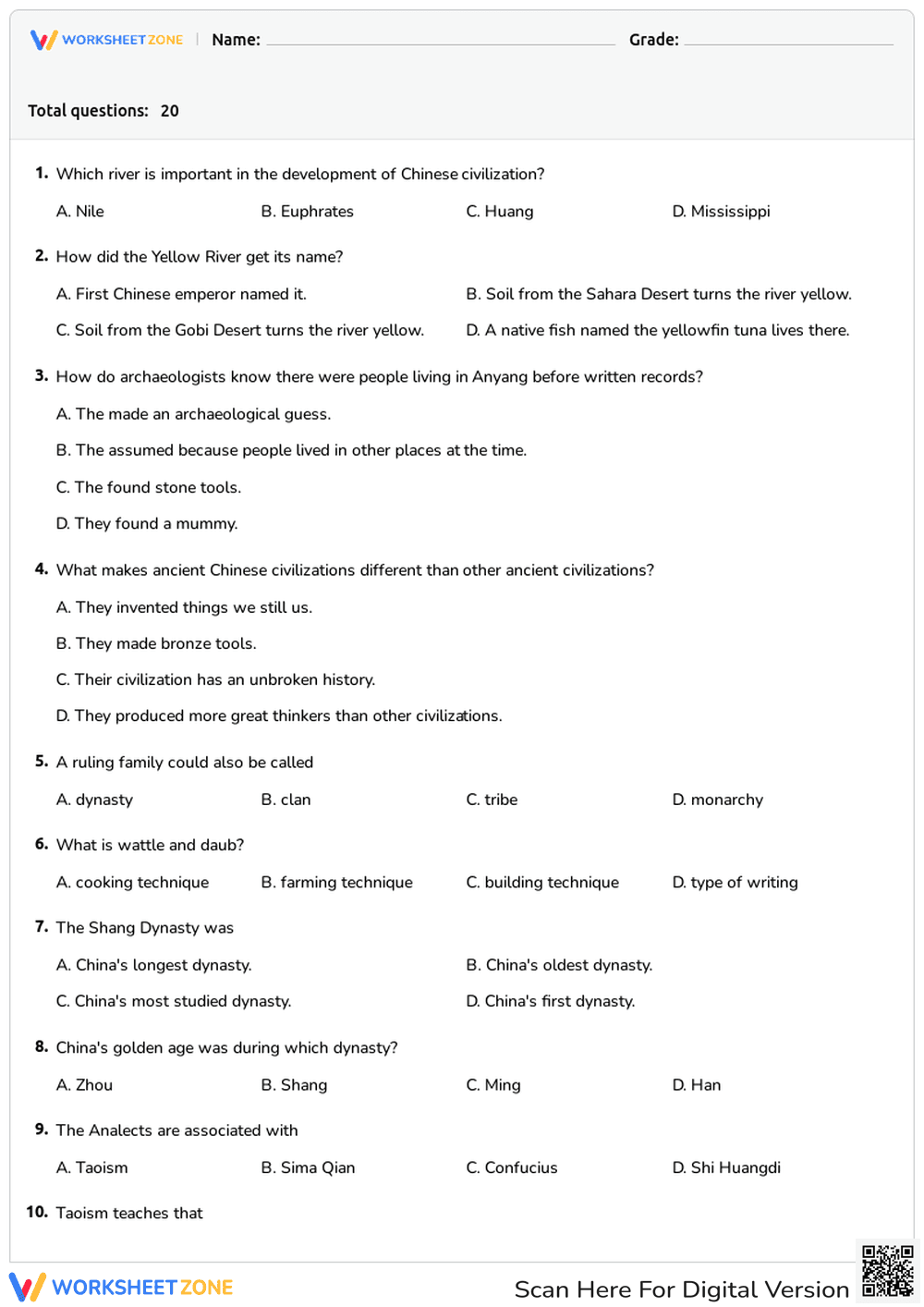 Grade 8 Ancient China — Printable No-Prep Worksheet - Page 1