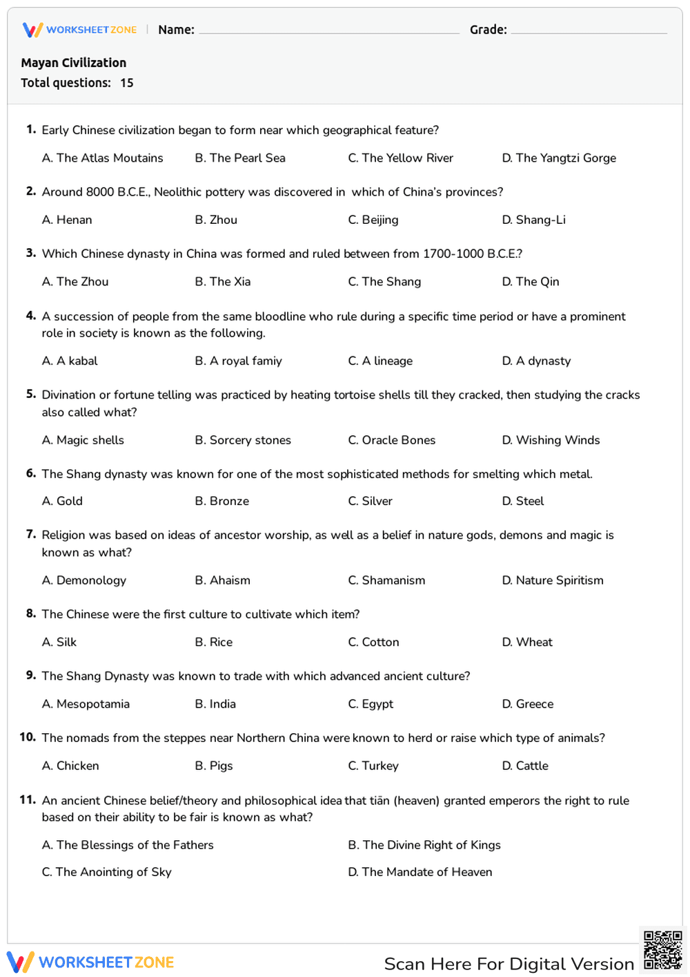Ancient China History Quiz | Grade 6-8 Essential - Page 1