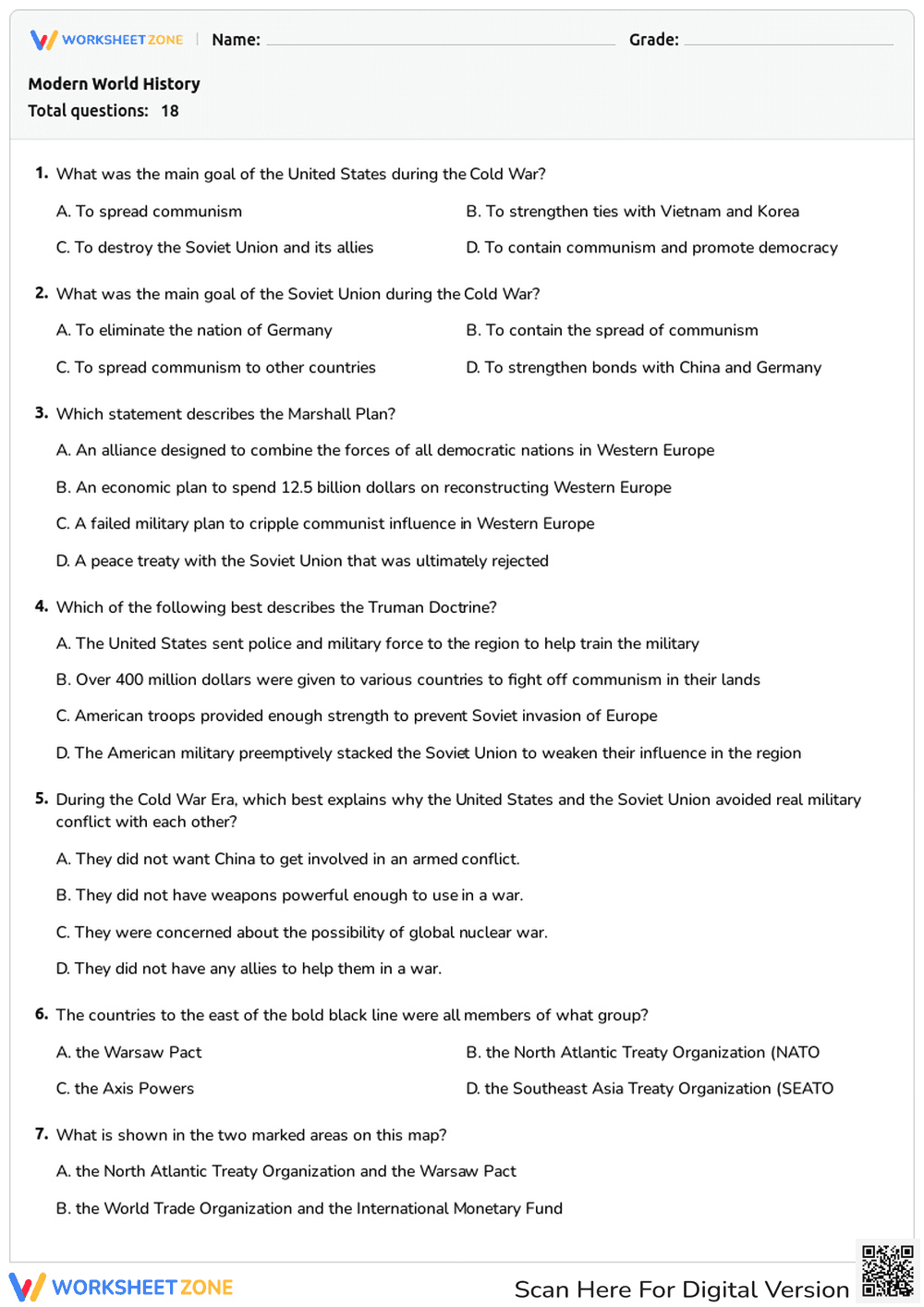 Cold War History Worksheet | Grade 8 Essential - Page 1