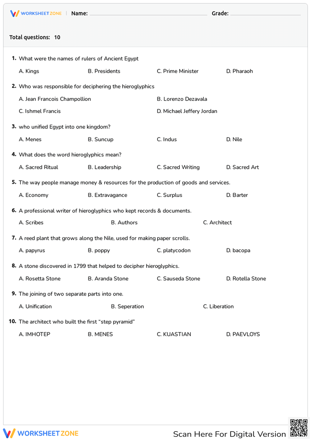 Grade 3 Ancient Egypt Vocabulary — Printable Worksheet - Page 1