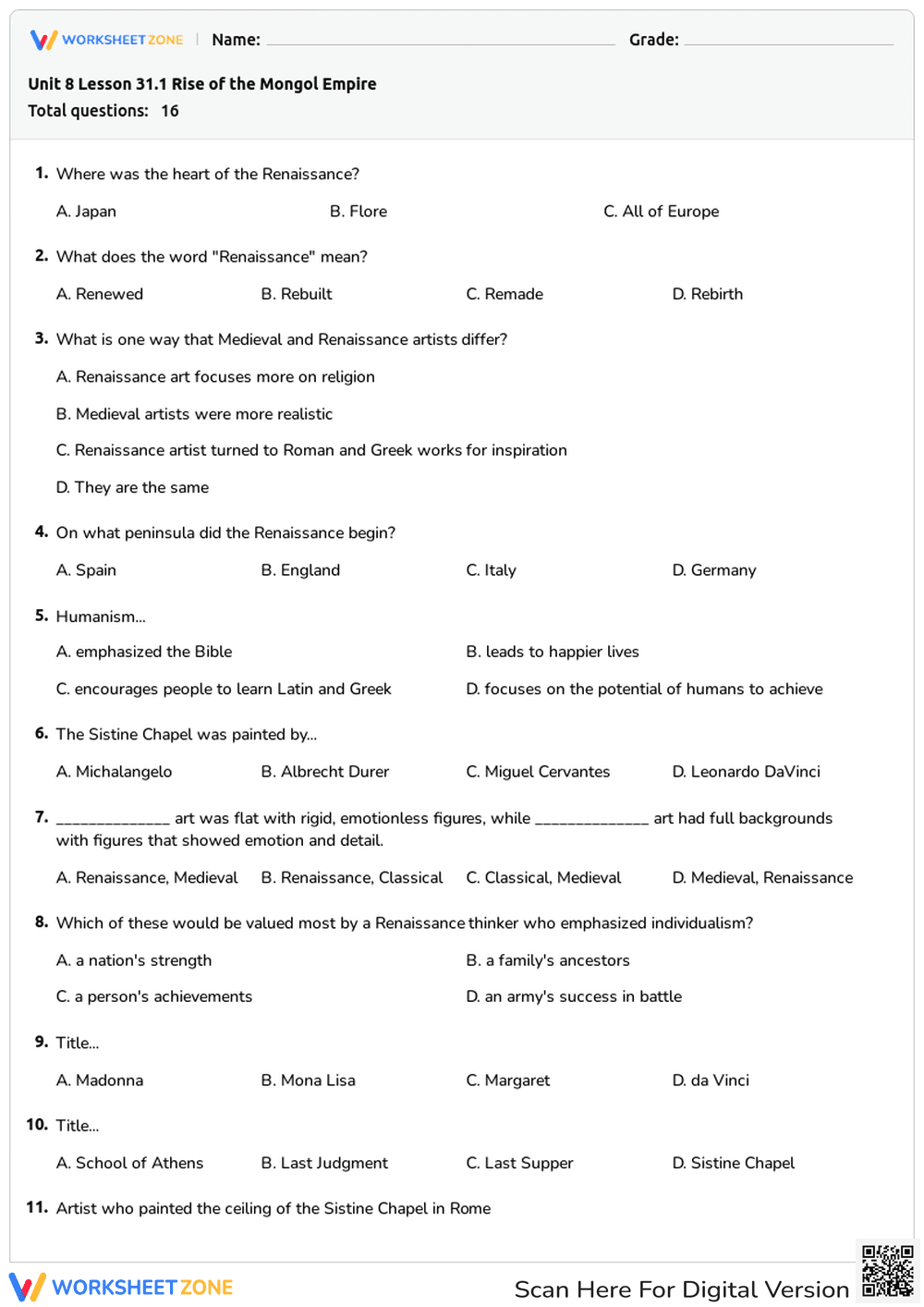 Renaissance History Quiz | Grade 6-8 Essential Worksheet - Page 1