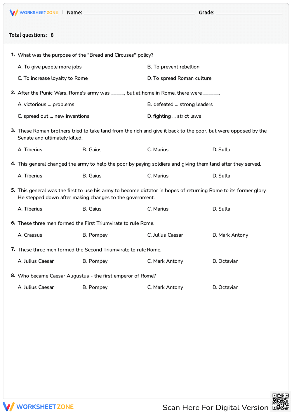 Ancient Rome History Quiz | Grade 6-8 Essential - Page 1