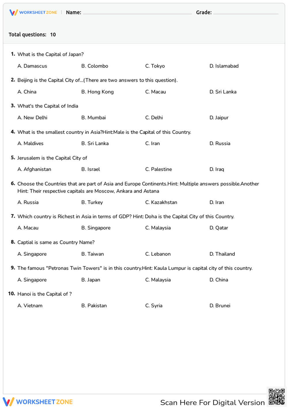 Printable Asia Geography Quiz: Countries & Capitals - Page 1