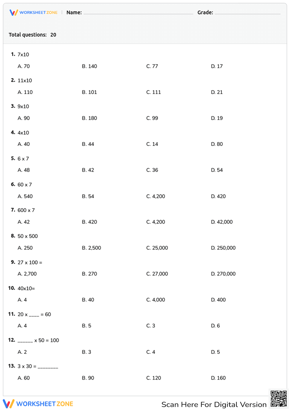 Multiplication by 10s & 100s | Essential Grade 4 Math - Page 1