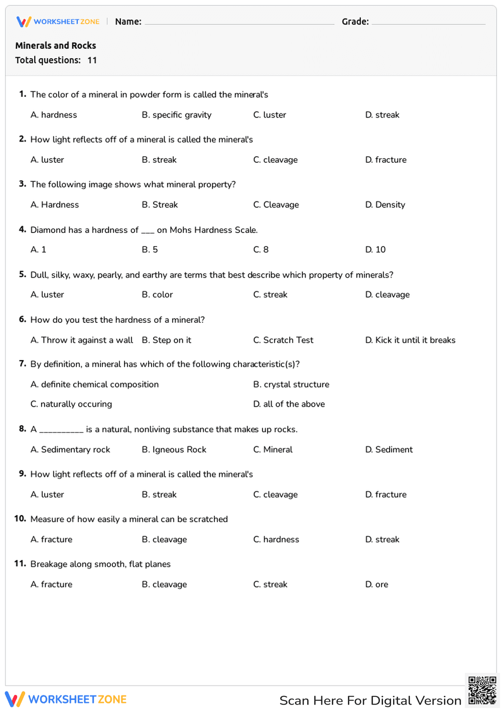 Printable Mineral Properties Worksheet | Grade 6 Science - Page 1