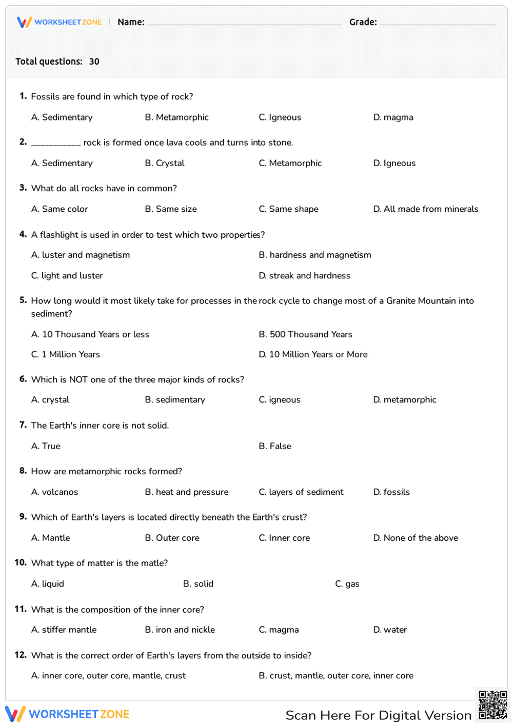Grade 6 Rocks and Minerals — Printable No-Prep Worksheet - Page 1