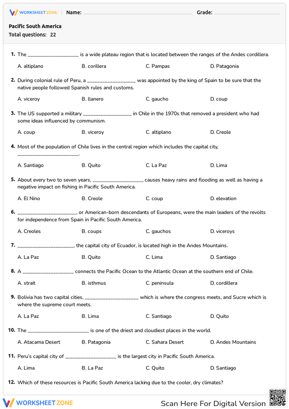 Pacific South America Quiz | Printable Grade 6 Geography - Page 1