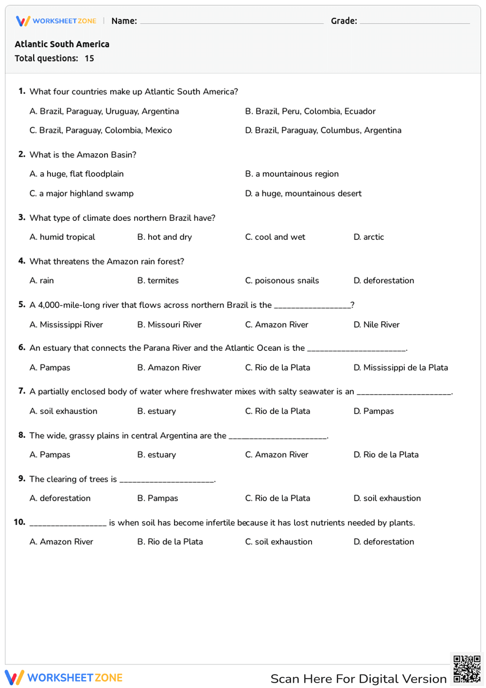 Grade 6-8 Atlantic South America Printable Worksheet - Page 1