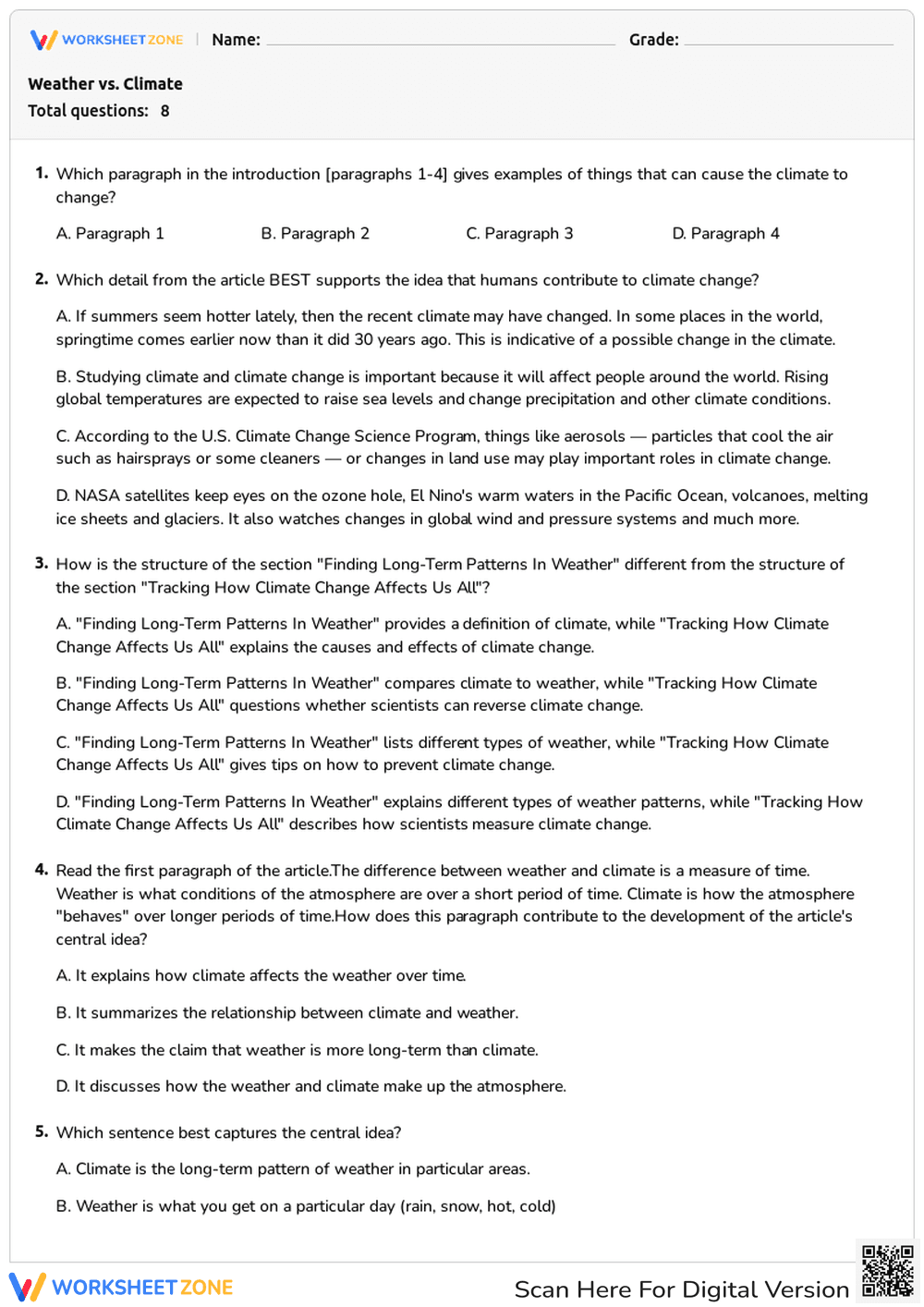 Weather vs. Climate — Printable Grade 4 ELA Worksheet - Page 1