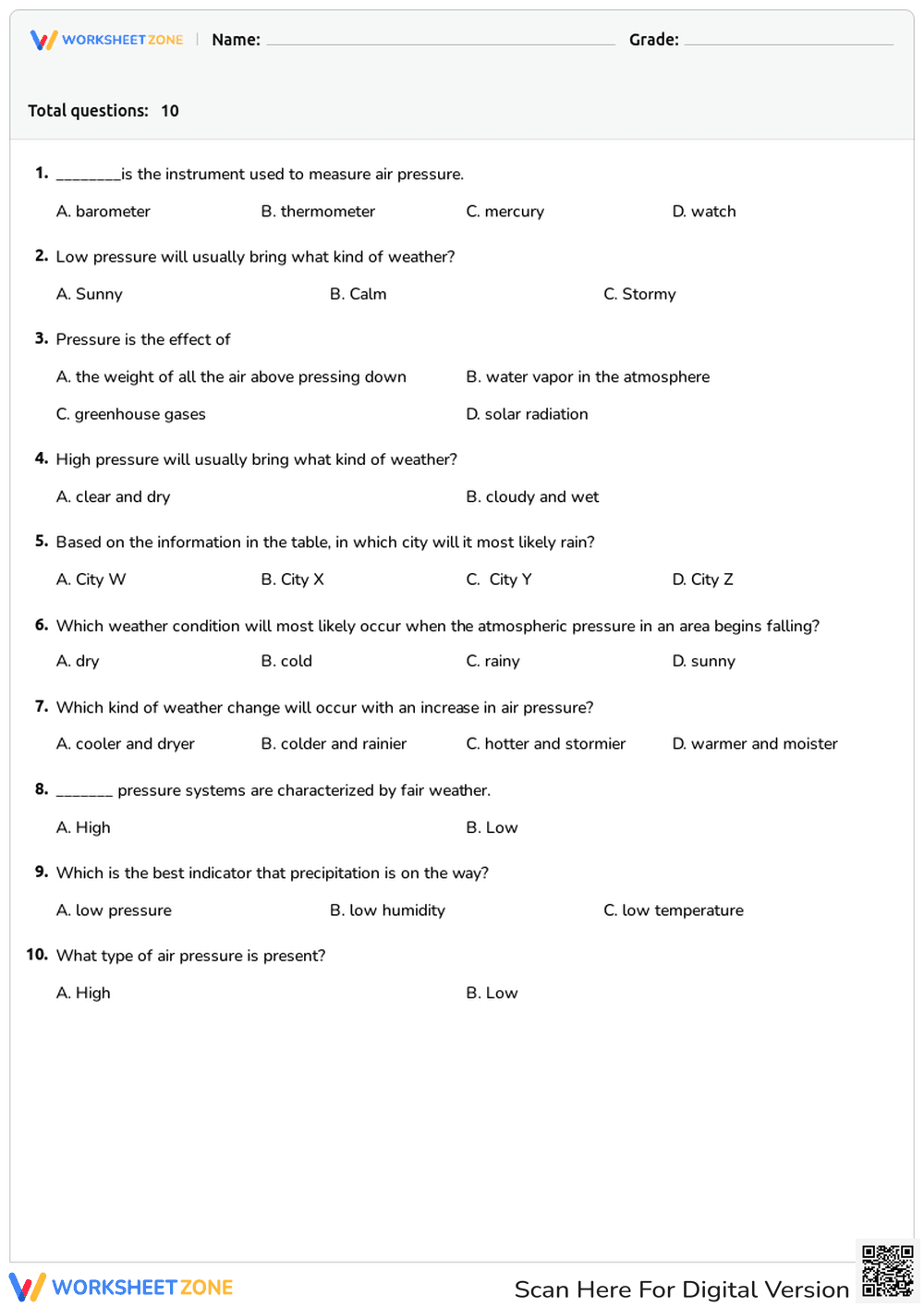 Air Pressure Worksheet: Grade 5-8 Essential Science - Page 1