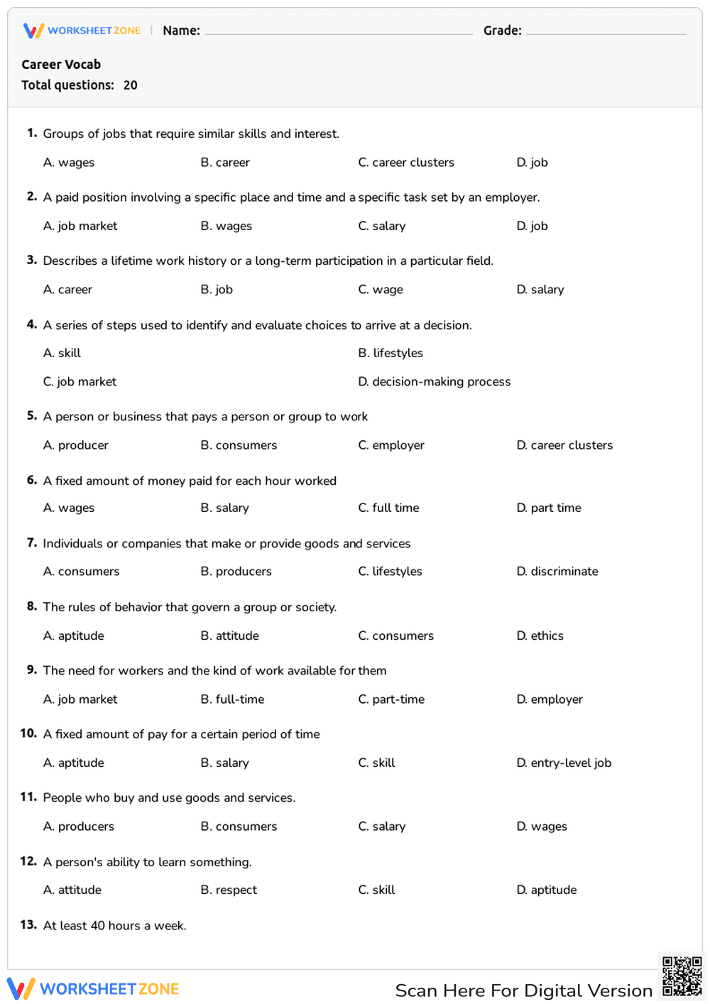Career Vocab Worksheet | Grade 9 Essential Guide - Page 1