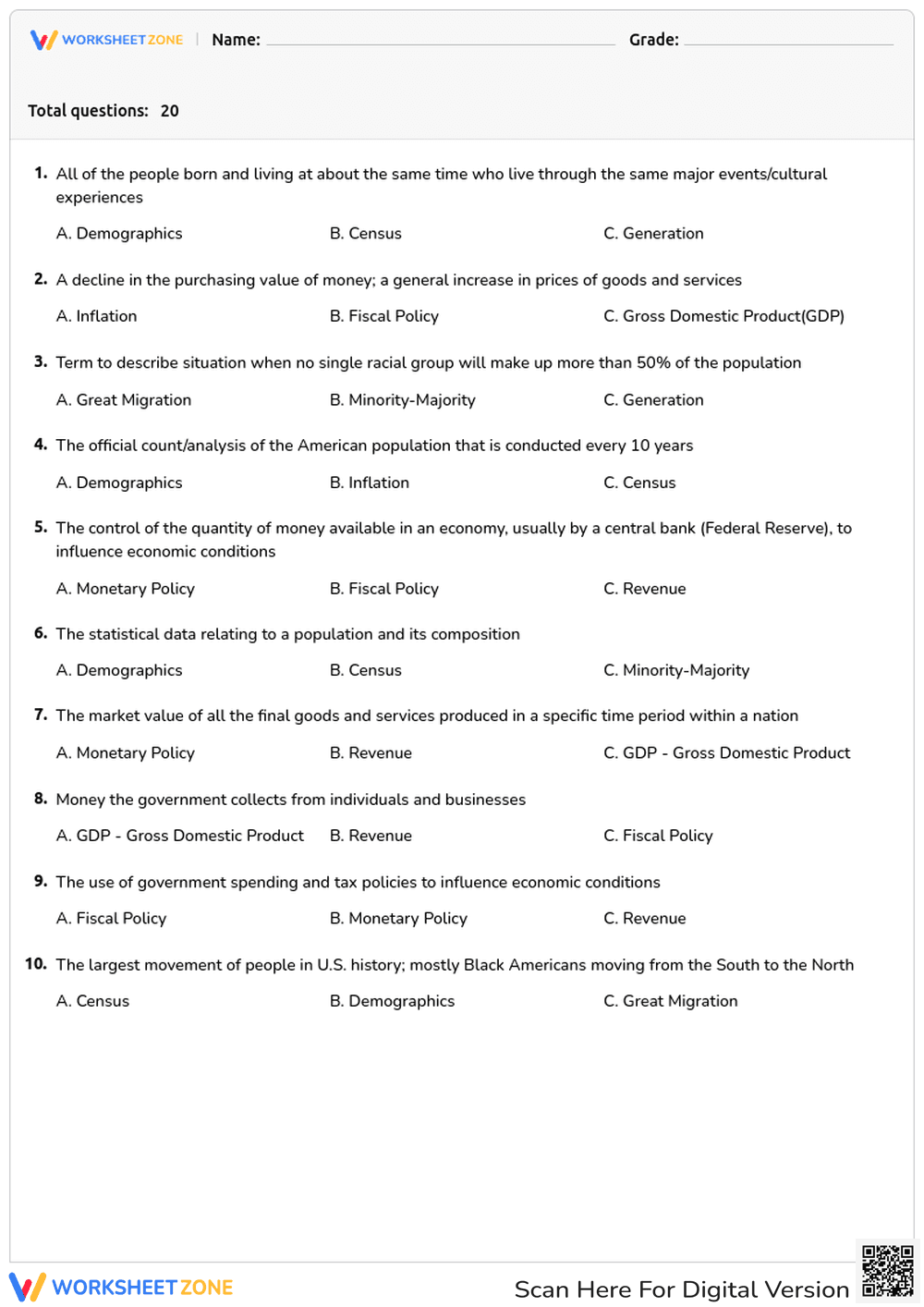 Grade 11-12 Economics Quiz — Essential Printable Unit 2 - Page 1