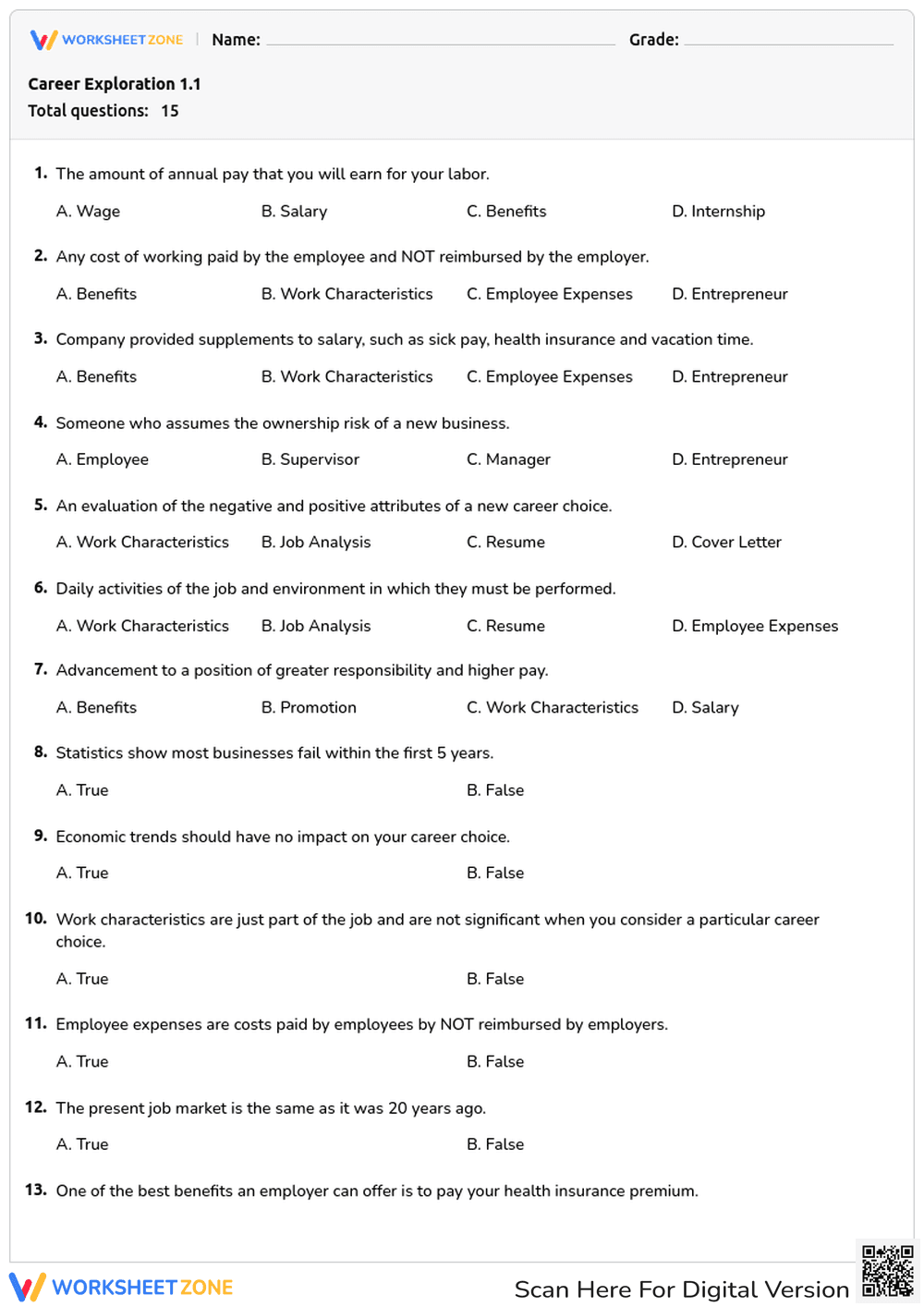 Career Exploration 1.1 Worksheet | Grade 6 Essential - Page 1