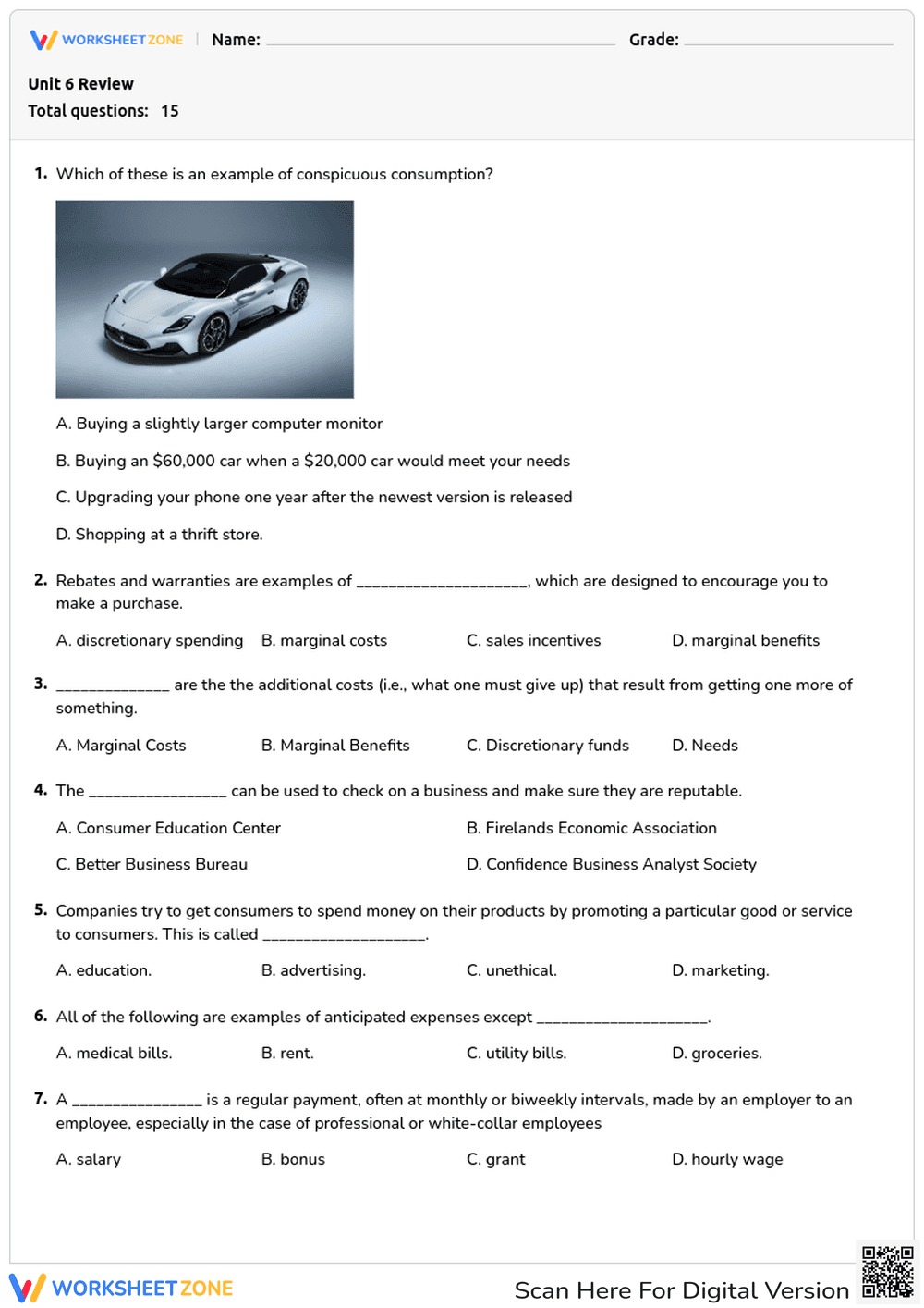 High School Economics Review — Printable No-Prep Worksheet - Page 1