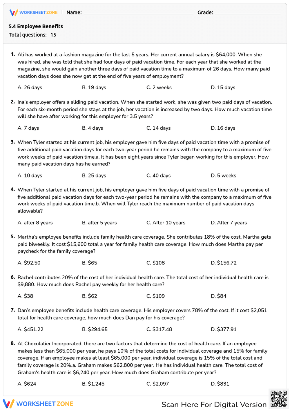 Grade 11 Employee Benefits — Printable No-Prep Worksheet - Page 1