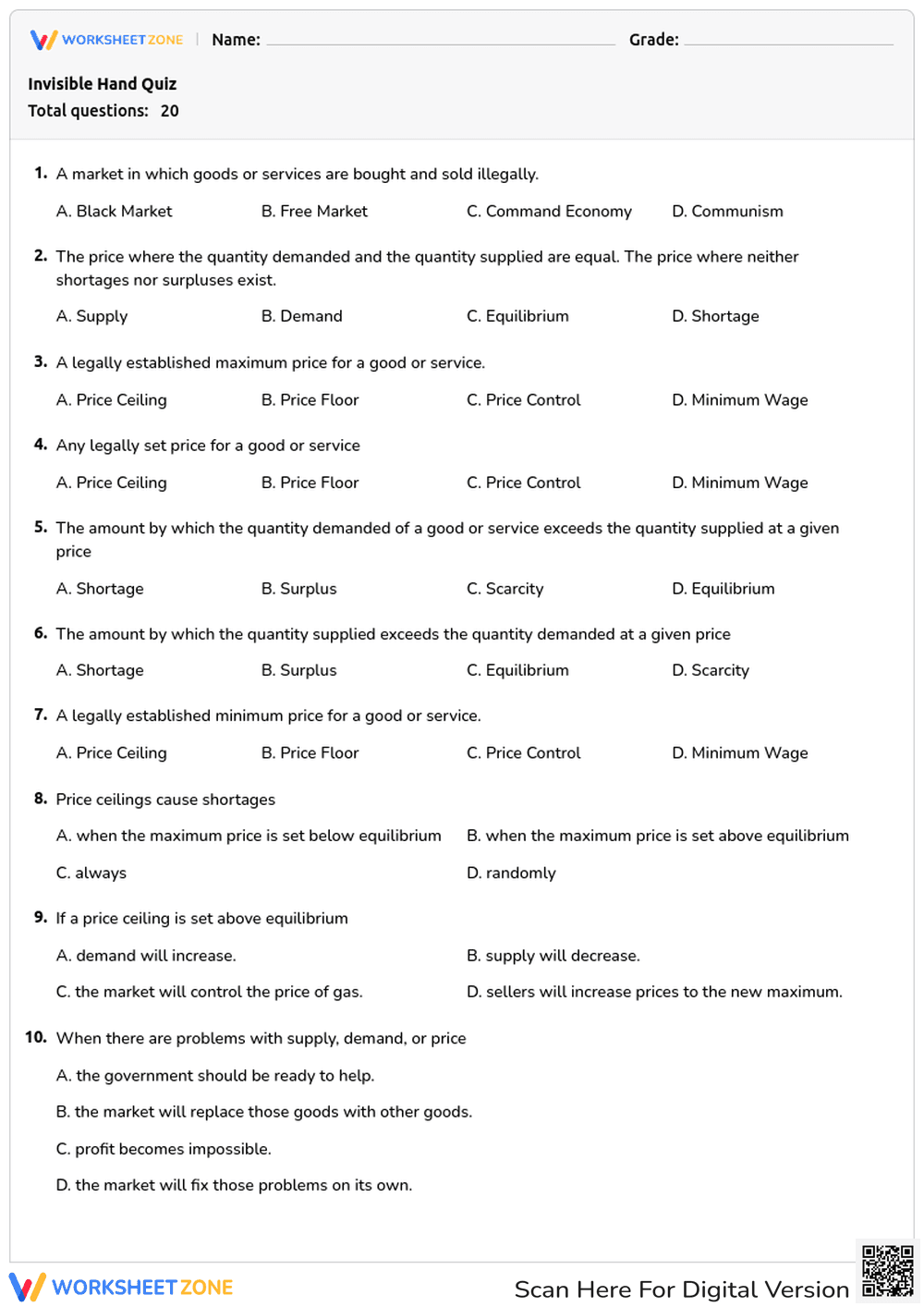 Invisible Hand Quiz: Essential Grade 10-12 Economics - Page 1