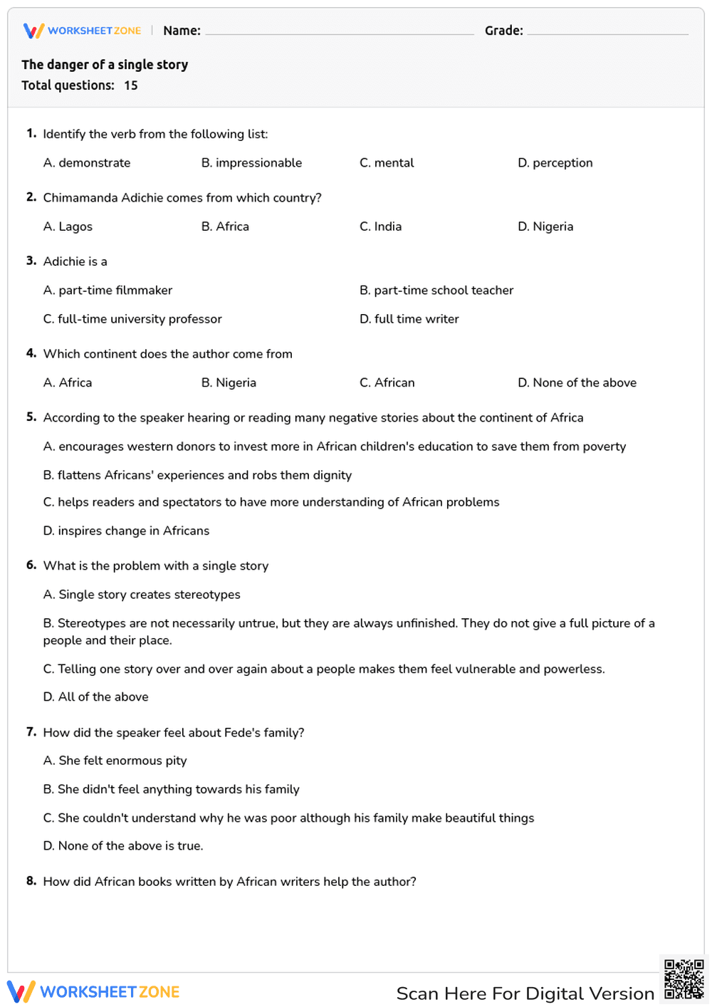 "The Danger of a Single Story" | Essential Grade 9 ELA - Page 1