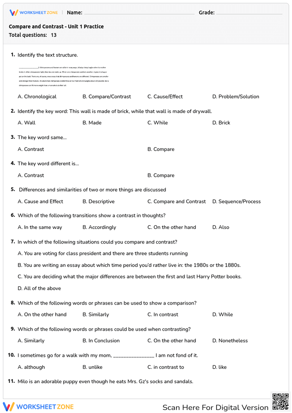 Compare & Contrast Quiz: Text Structures and Transitions - Page 1