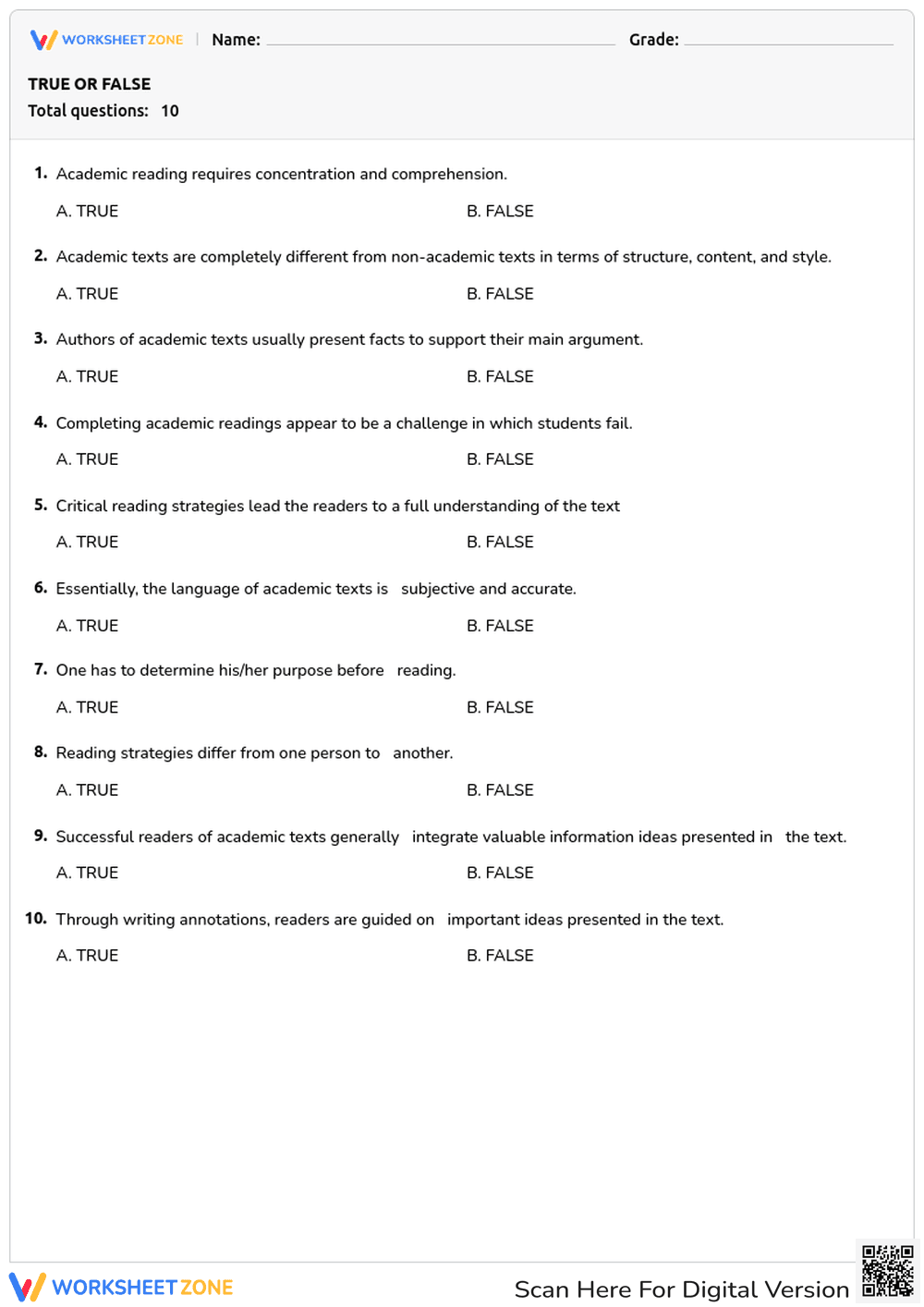 Grade 8 Academic Reading — Printable No-Prep Worksheet - Page 1