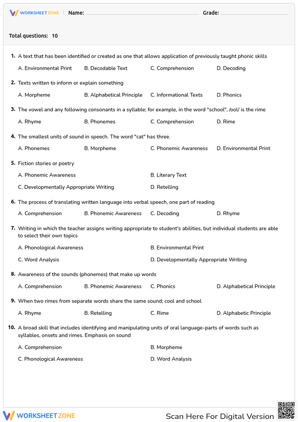 Printable Literacy Vocabulary Quiz | Grade 1 ELA - Page 1