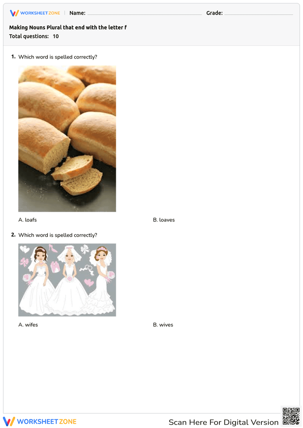 Plural Nouns Ending in F Worksheet | Grade 2 Essential - Page 1