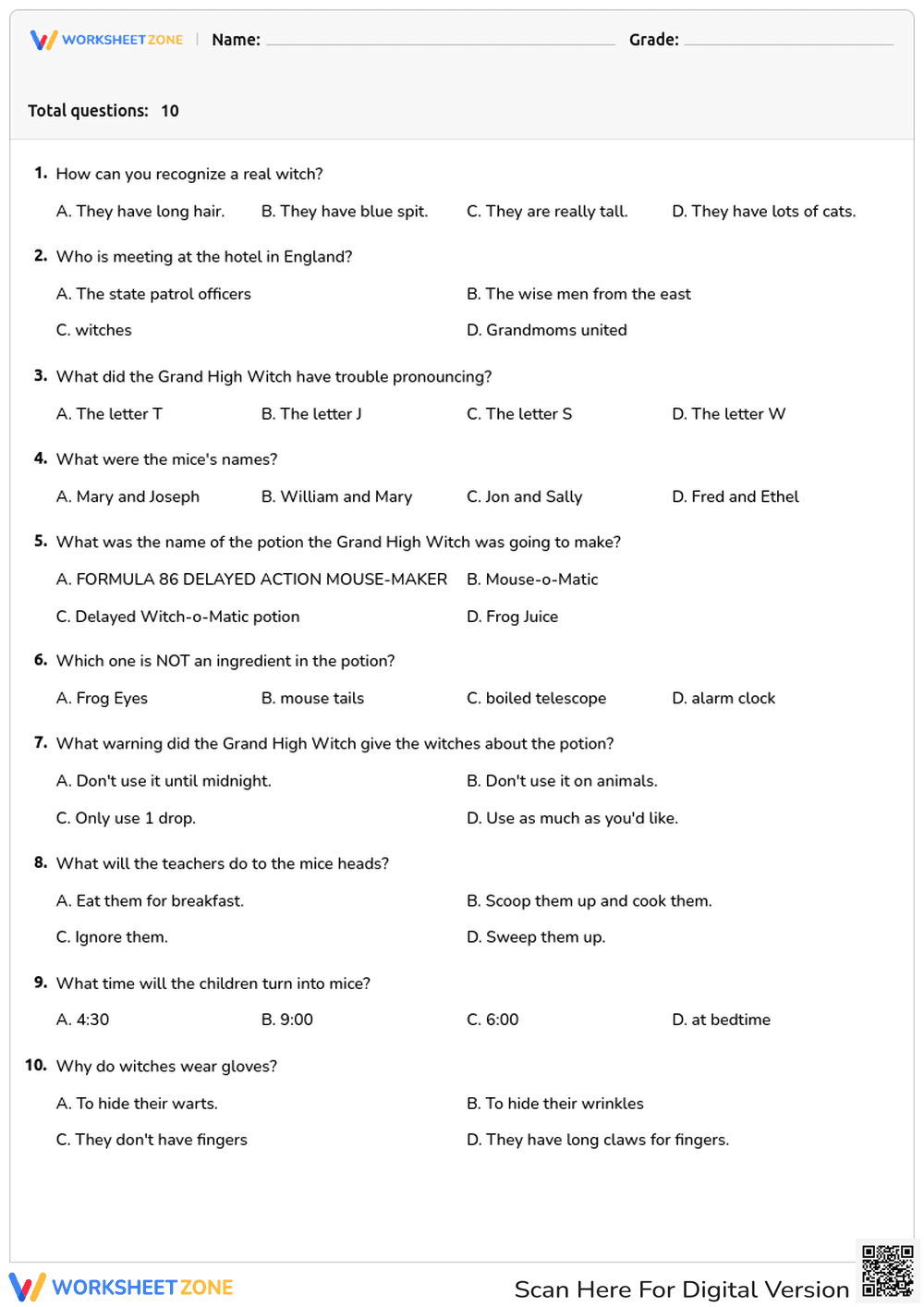 Essential The Witches Quiz | Grade 2 ELA Printable - Page 1