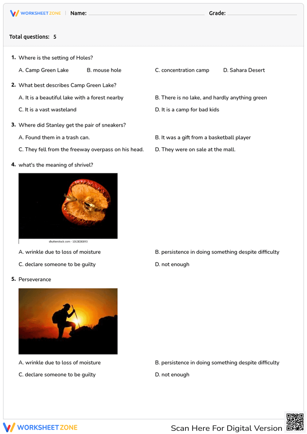 Printable Holes Novel Study Quiz | Grade 4 ELA - Page 1