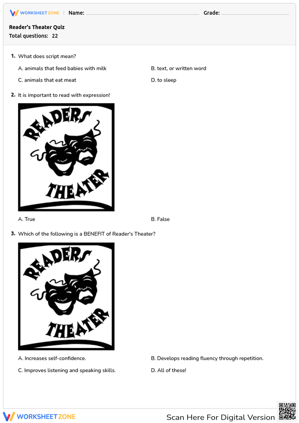 Printable Reader's Theater Quiz | Grade 2 ELA - Page 1