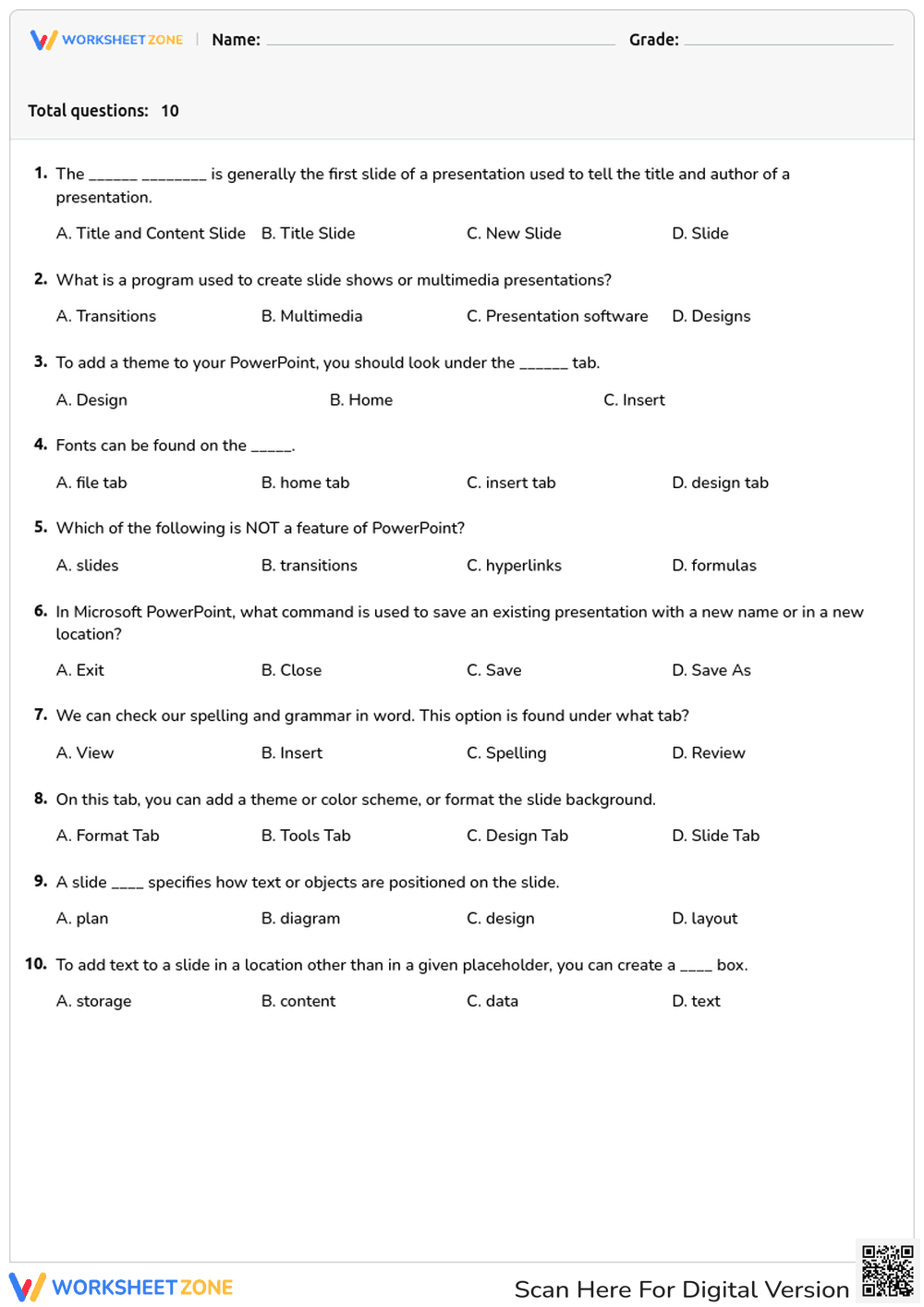 Printable PowerPoint Review Worksheet | Grade 4 - Page 1