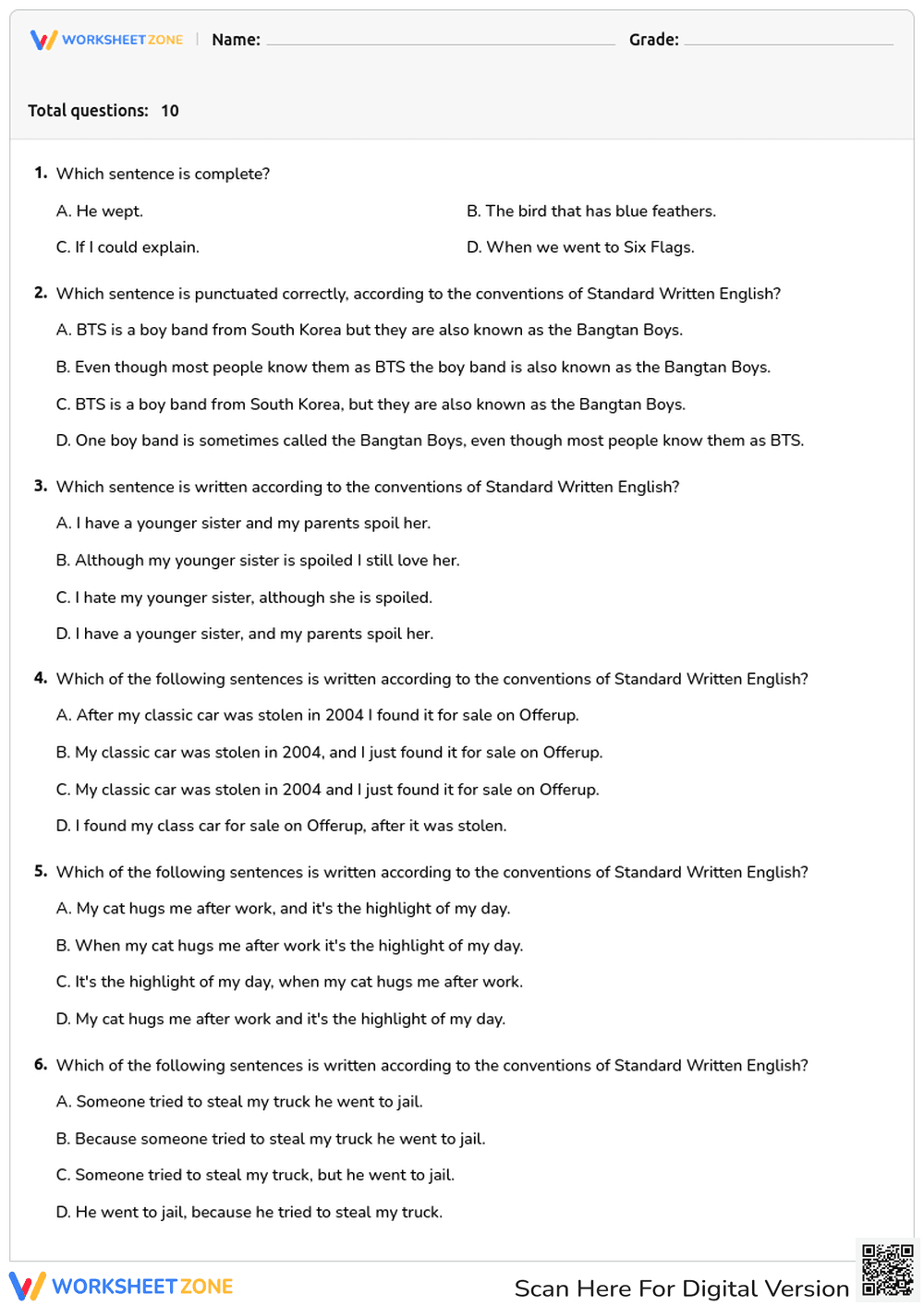 Printable Sentence Structure Quiz | Grade 8 ELA - Page 1