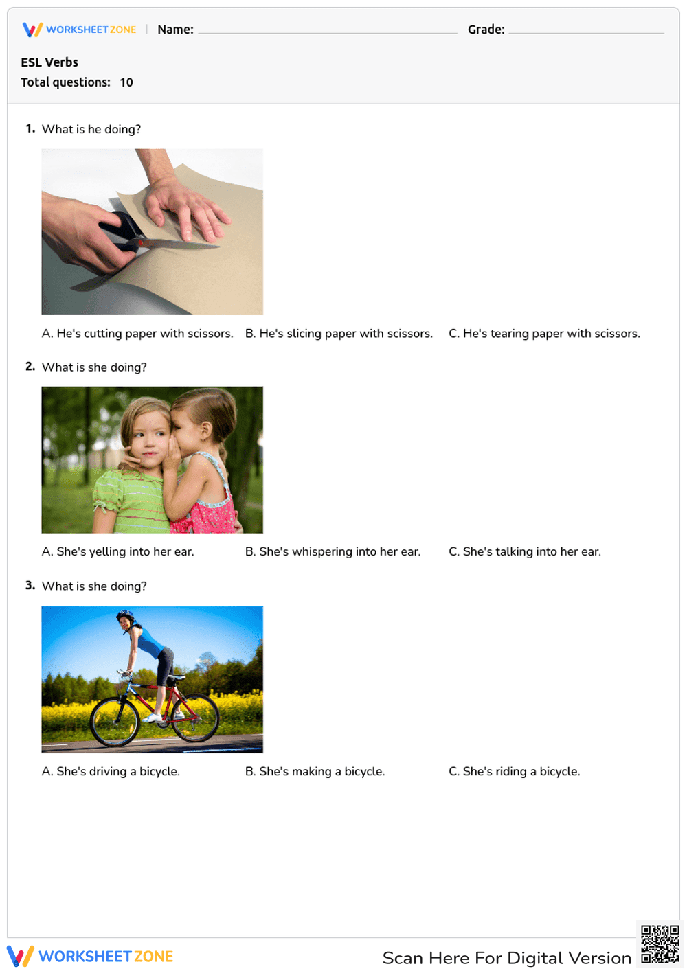 ESL Verbs Practice | Grade 1-3 Essential Worksheet - Page 1