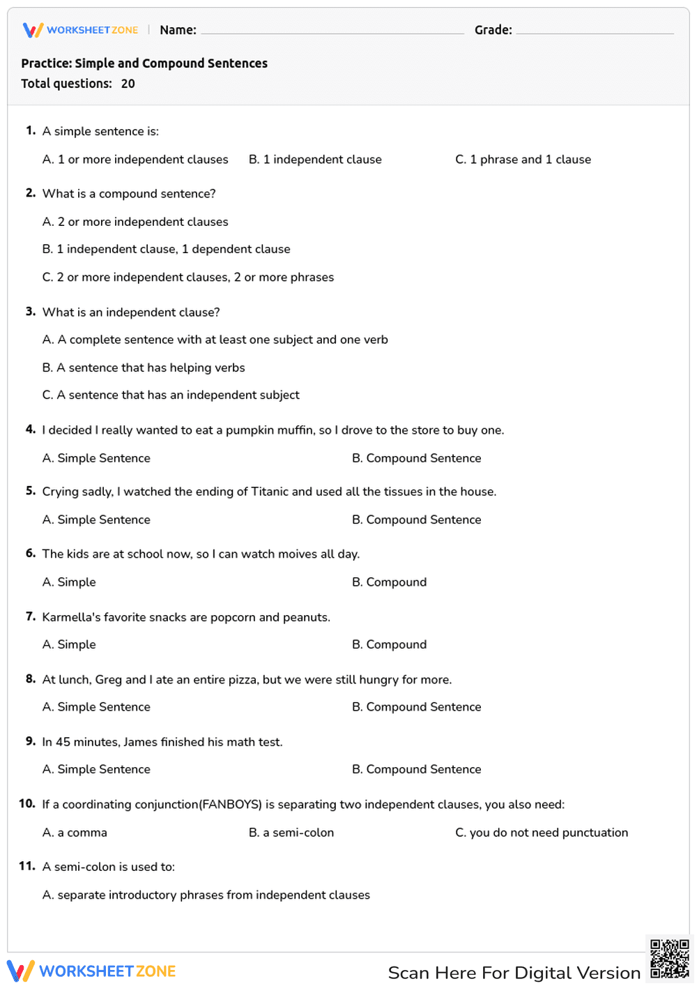 Grade 4-6 Simple and Compound Sentences | Essential Practice - Page 1