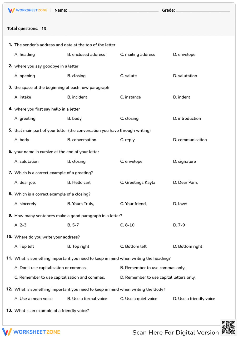 Grade 6 Letter Writing Basics — Printable No-Prep Worksheet - Page 1