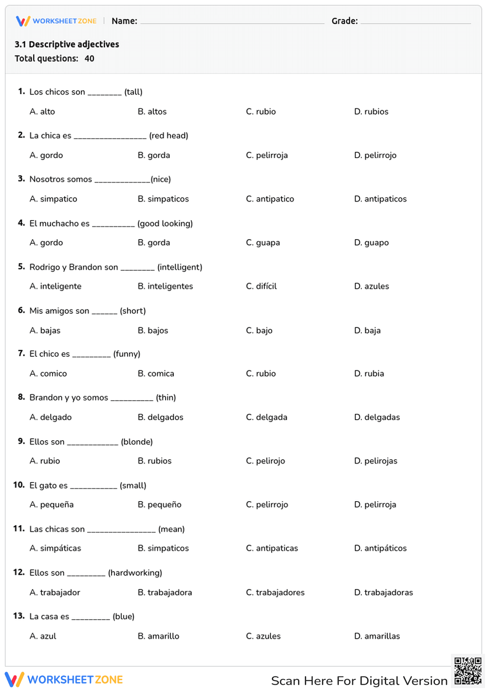 Grade 6 Spanish Adjectives — Printable No-Prep Worksheet - Page 1