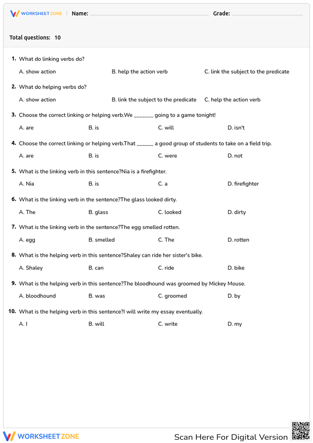 Linking and Helping Verbs - Page 1